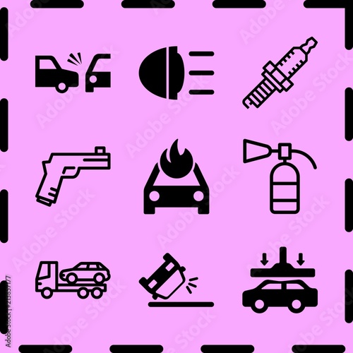 Simple 9 icon set of fire related spark, overturned car, burning car and car beacon on vector icons. Collection Illustration