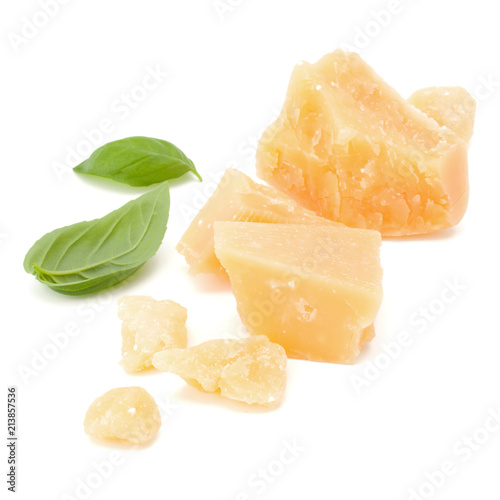 shredded parmesan cheese and basil leaf isolated on white background cutout