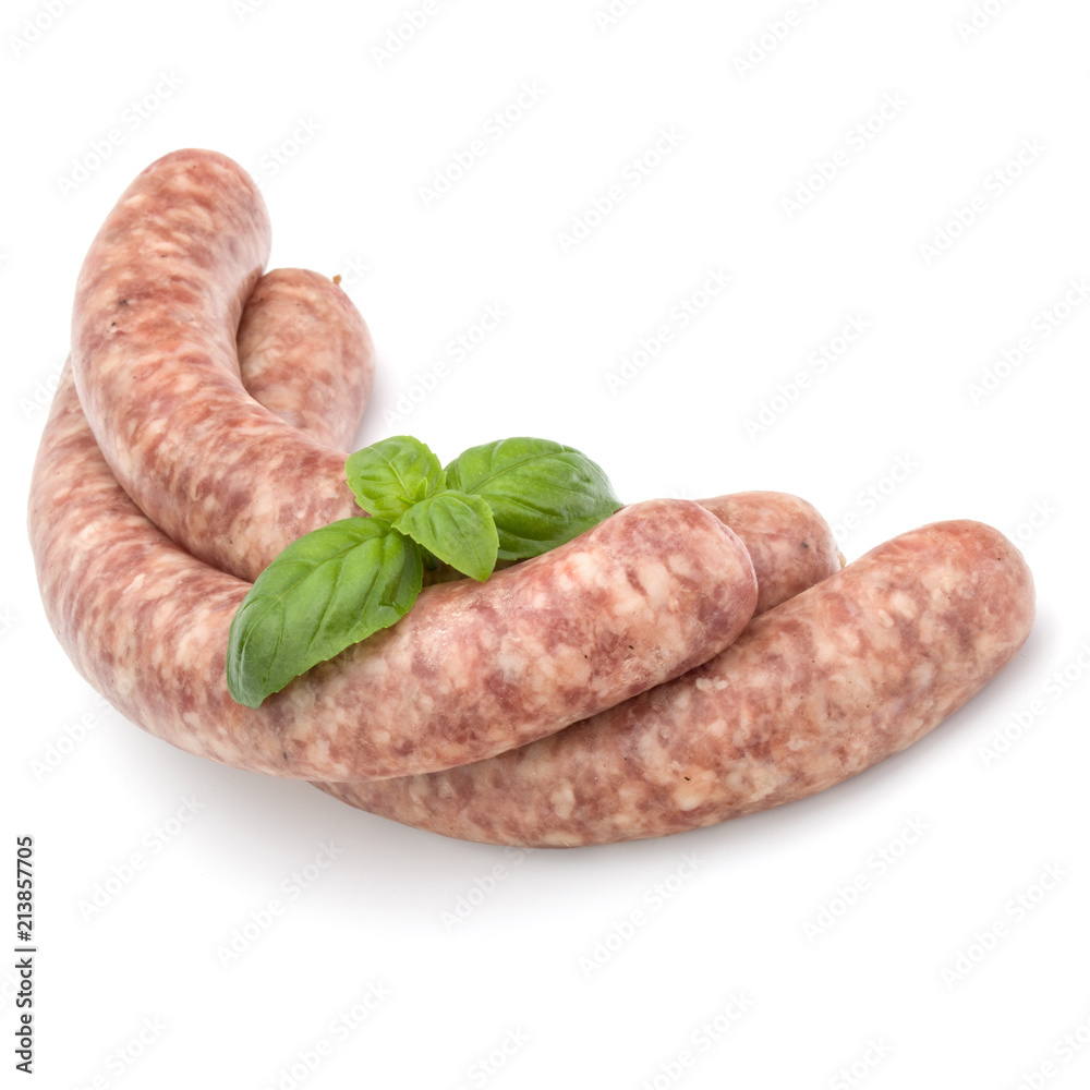 Raw sausage with basil leaf isolated on white background