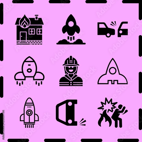 Simple 9 icon set of fire related fire, rocket ship, rocket outlined space ship and overturned car vector icons. Collection Illustration