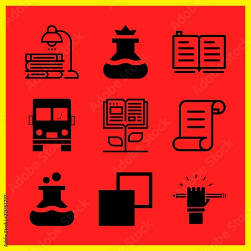 Simple 9 icon set of edication related open book, legal paper, education and flask vector icons. Collection Illustration