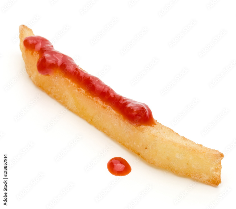 French Fried Potatoes with ketchup isolated on white background French Fried Potatoes with ketchup isolated on white background