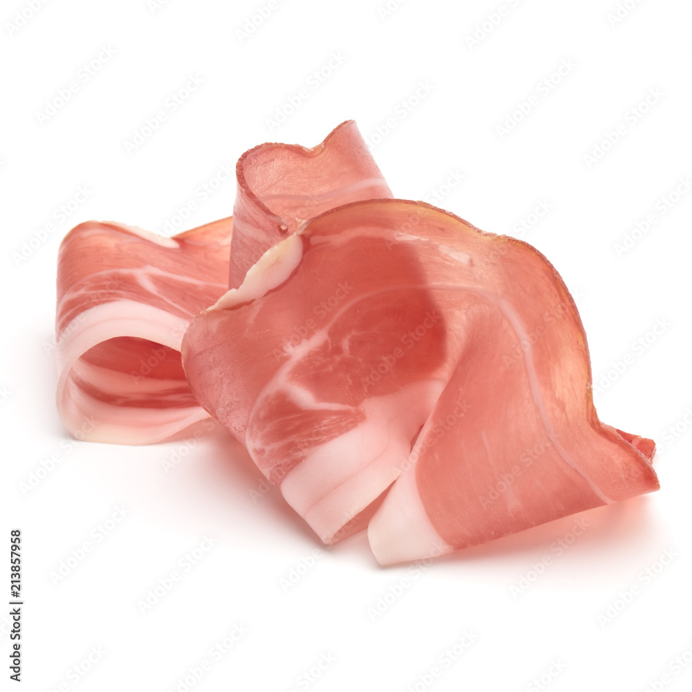 Italian prosciutto crudo or jamon. Raw ham. Isolated on white background