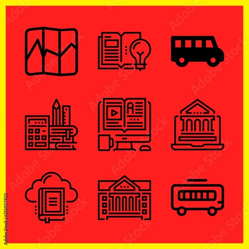 Simple 9 icon set of edication related open book, elearning, map and school vector icons. Collection Illustration