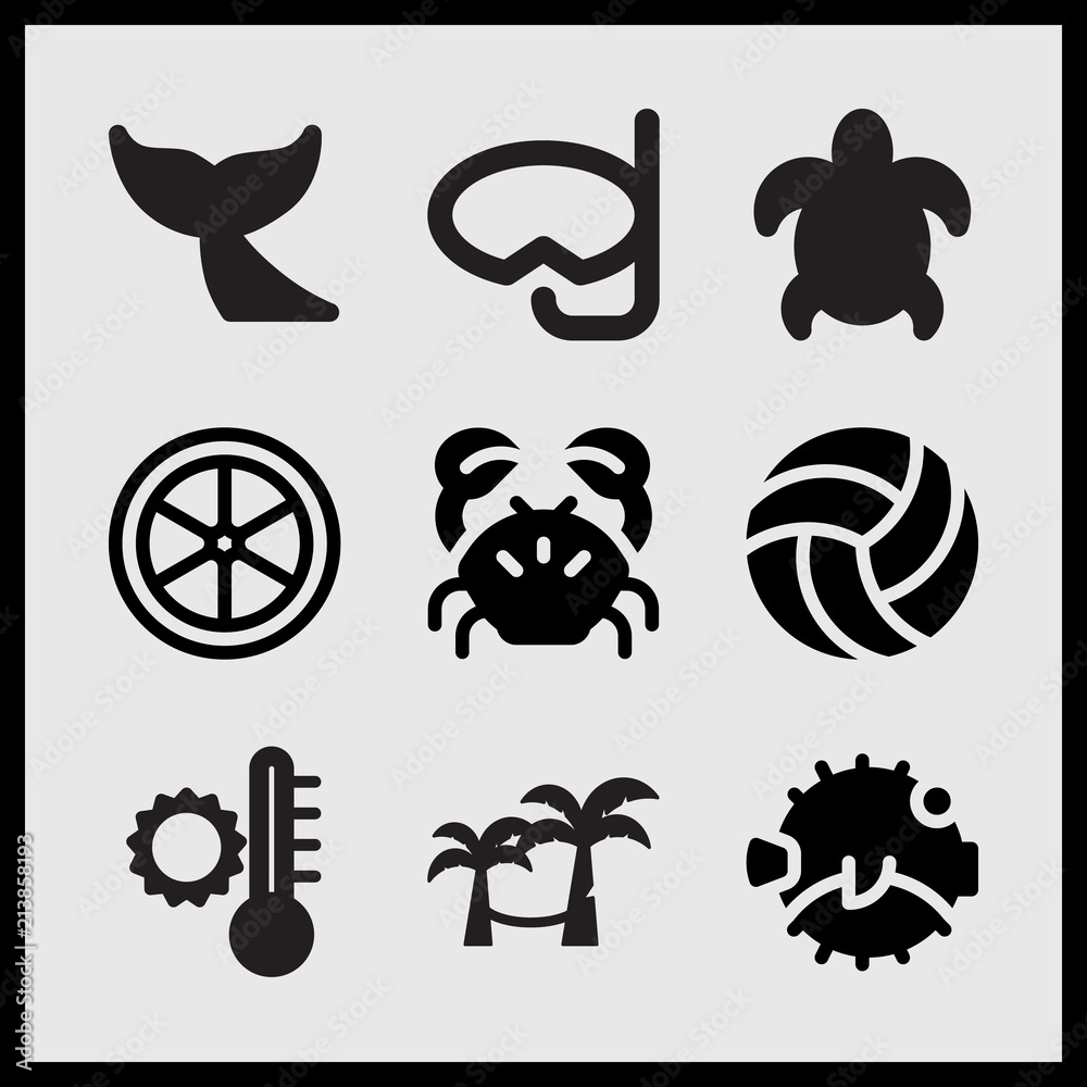 Fototapeta premium Simple 9 set of Summer related summer temperature, big turtle, scuba dive goggles and blowfish vector icons