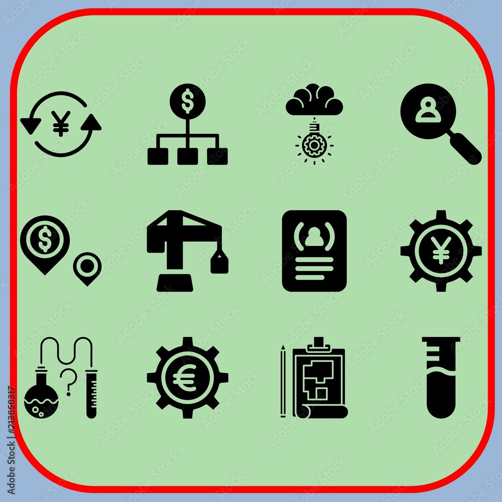 Simple 12 icon set of business related idea, dollar, test tube and plan vector icons. Collection Illustration
