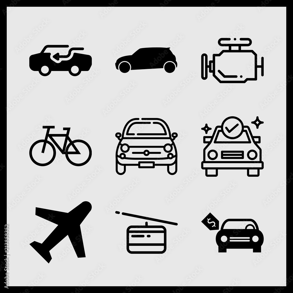 Simple 9 icon set of car related black car side view, car, cable car and engine vector icons. Collection Illustration Simple 9 icon set of car related black car side view, car, cable car and engine vector icons. Collection Illustration