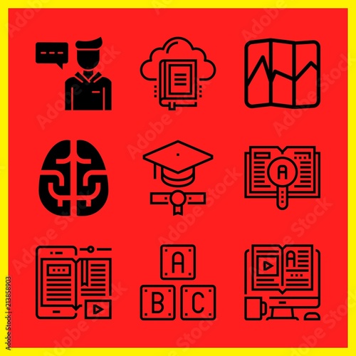 Simple 9 icon set of edication related brain, learning, library and student vector icons. Collection Illustration