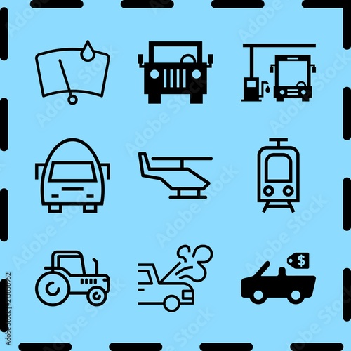 Simple 9 icon set of travel related bus at a gasoline station, windshield, breakdown and tractor facing right vector icons. Collection Illustration