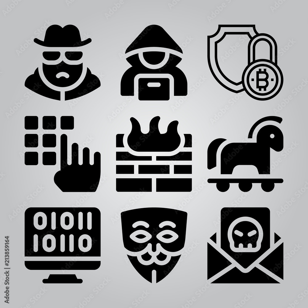 Simple 9 icon set of hacker related [iconsRandom:4] vector icons. Collection Illustration