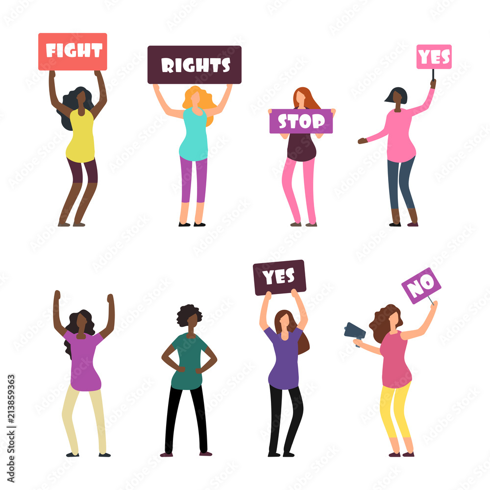 Cartoon women protesters, feminism, womens rights and protest set
