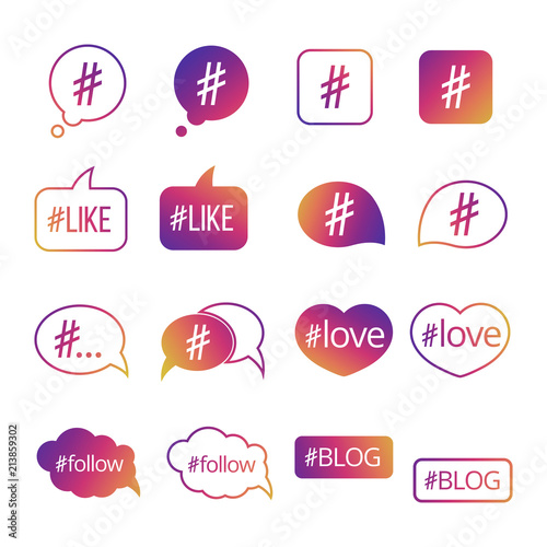 Colorful hashtag post social media vector icons