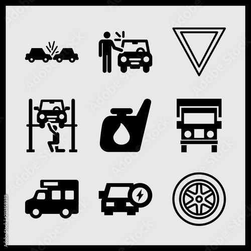 Simple 9 icon set of car related truck front view, car repair, trailer car and yield vector icons. Collection Illustration