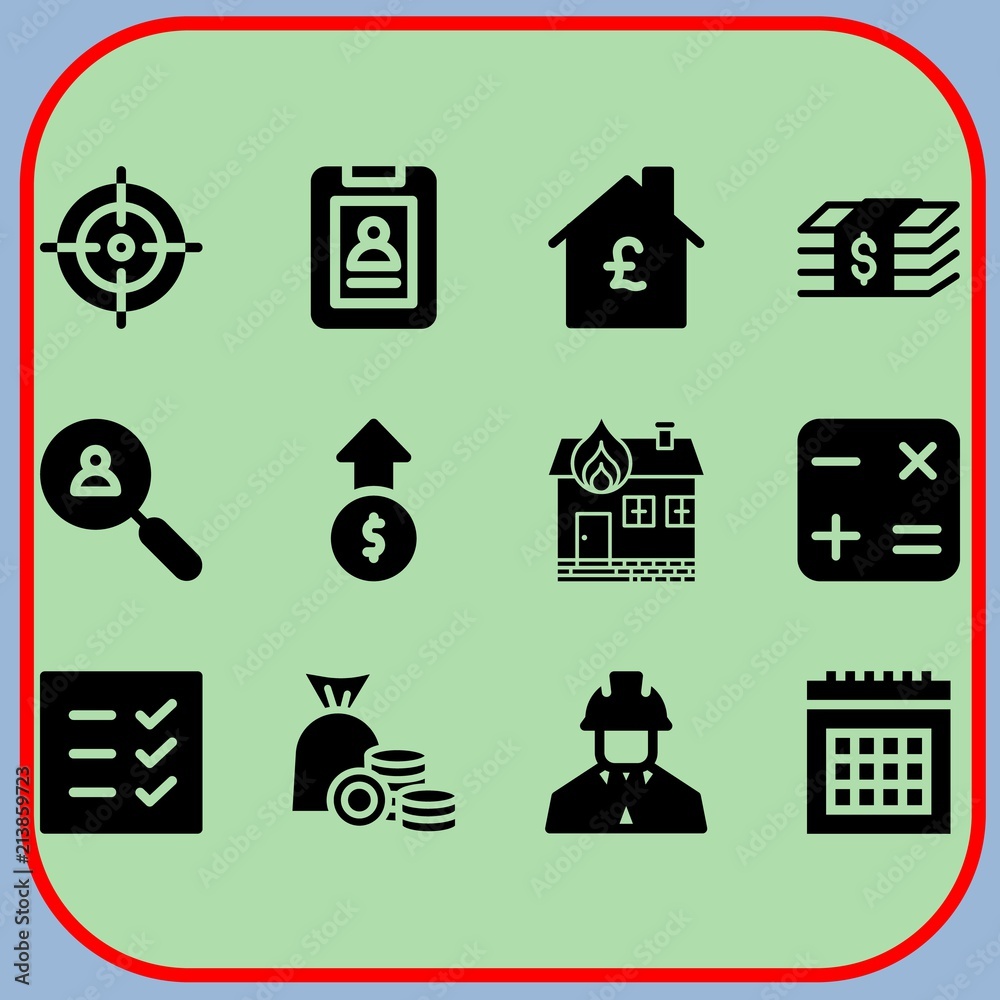 Simple 12 icon set of business related profits, money bag, clipboard and calendar vector icons. Collection Illustration Simple 12 icon set of business related profits, money bag, clipboard and calendar vector icons. Collection Illustration