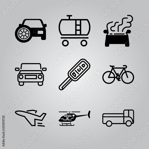Simple 9 icon set of transport related old style bicycle, tank wagon, truck and car with spare tire vector icons. Collection Illustration