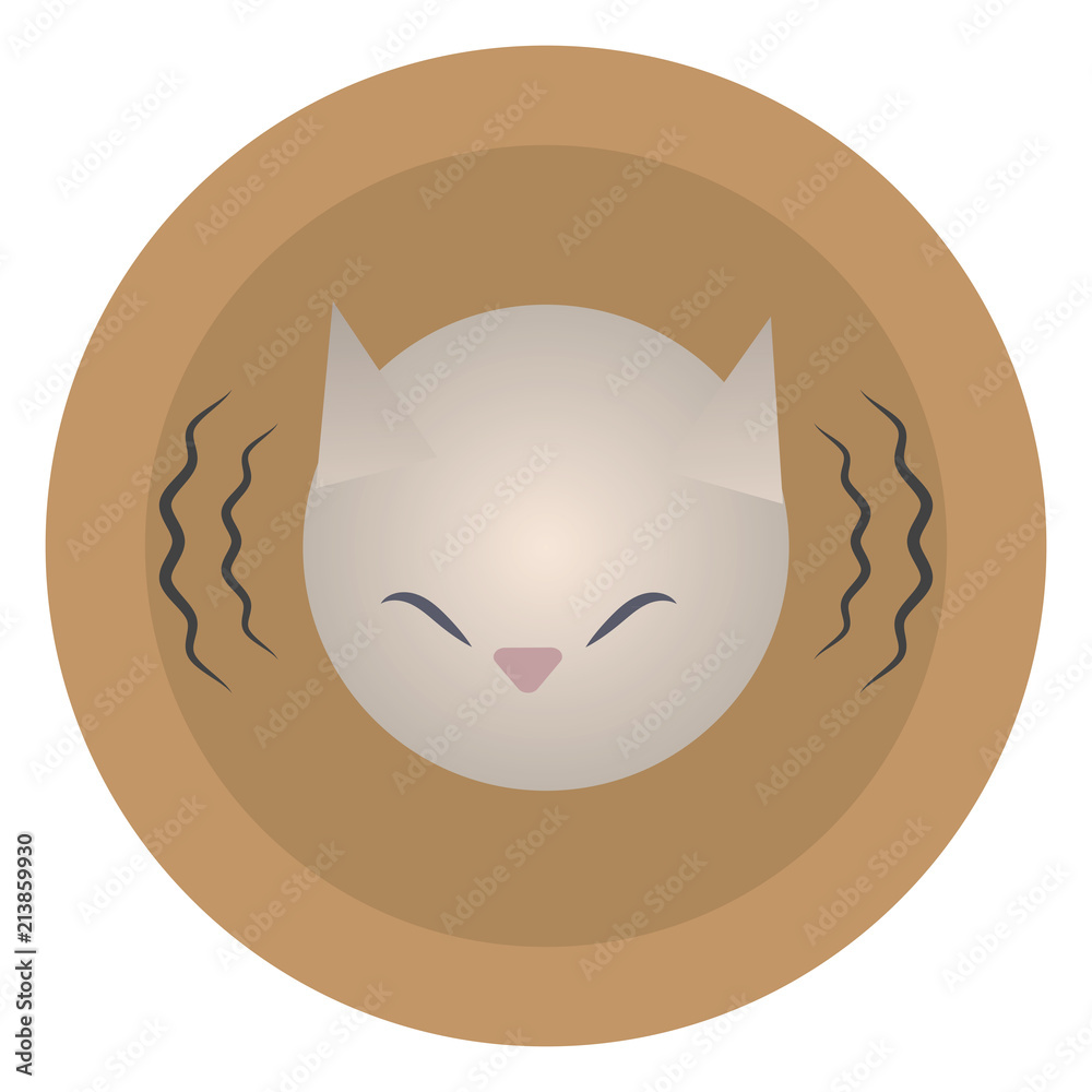 Vector round orange icon icon head of a gray white mournful painted cat with lines of sound vibration isolated on a white background