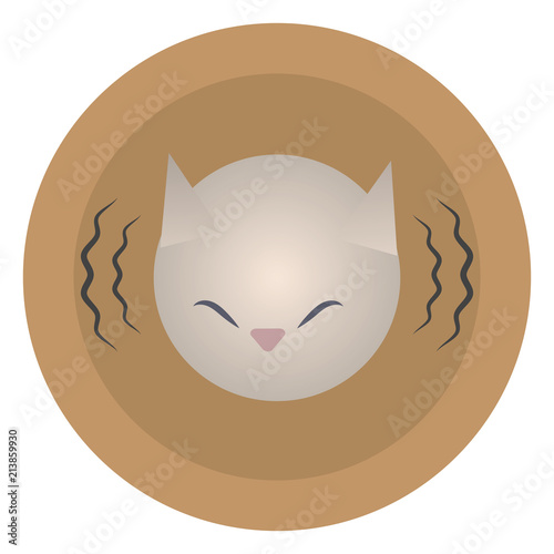 Vector round orange icon icon head of a gray white mournful painted cat with lines of sound vibration isolated on a white background