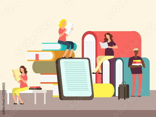 Man and woman reading books. Book festival vector poster