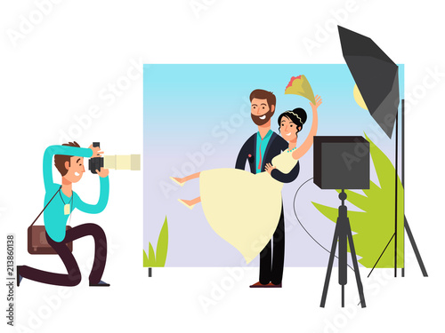 Wedding photo session in studio with newlyweds
