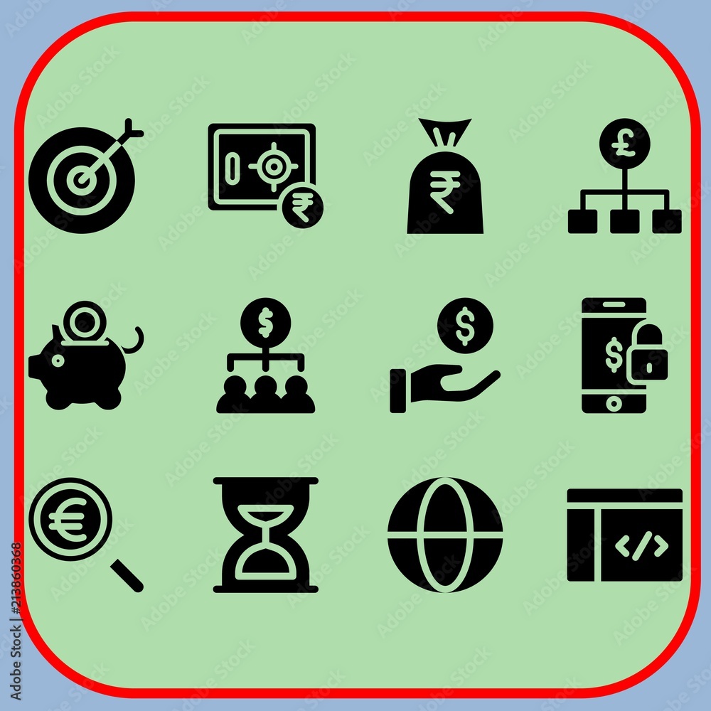 Obraz premium Simple 12 icon set of business related coding, get money, worldwide and euro vector icons. Collection Illustration