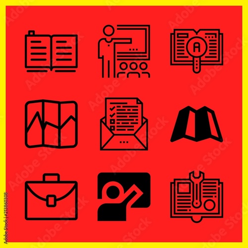 Simple 9 icon set of edication related case, classroom, map and learning vector icons. Collection Illustration