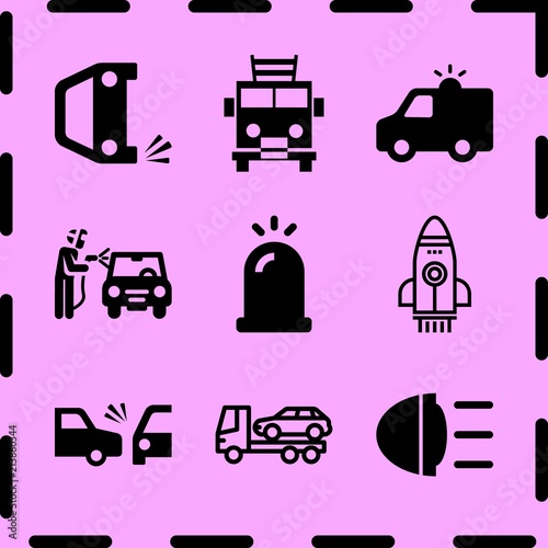 Simple 9 icon set of fire related overturned car, side crash, ambulance with light and welder vector icons. Collection Illustration