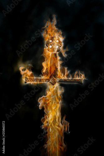 фотографія Flaming sword on a black background