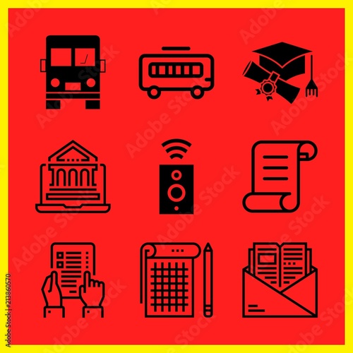 Simple 9 icon set of edication related notebook, online education, exam and book vector icons. Collection Illustration