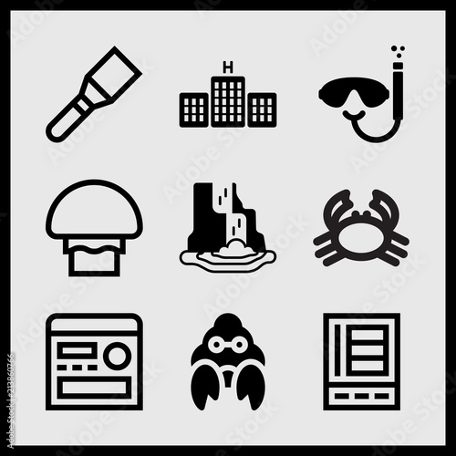 Simple 9 set of Summer related five stars hotel, refrigerator, waterfall and wild crab vector icons
