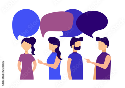 Businessmen and businesswomen discuss social news, network, chat, dialogue speech bubbles. Vector flat style illustration.