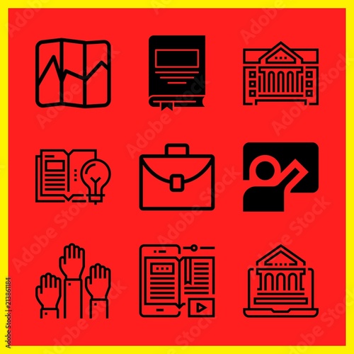 Simple 9 icon set of edication related online education, map, open book and raise hand vector icons. Collection Illustration