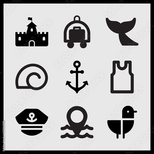 Simple 9 set of Summer related boat anchor, sea placeholder, hotel cart and sand castle with flag vector icons