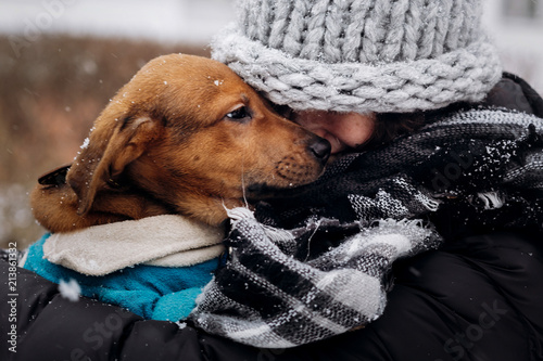 stylish hipster woman hugging and smiling cute puppy in snowy cold winter park. moments of true happiness. adoption concept. save animals © sonyachny