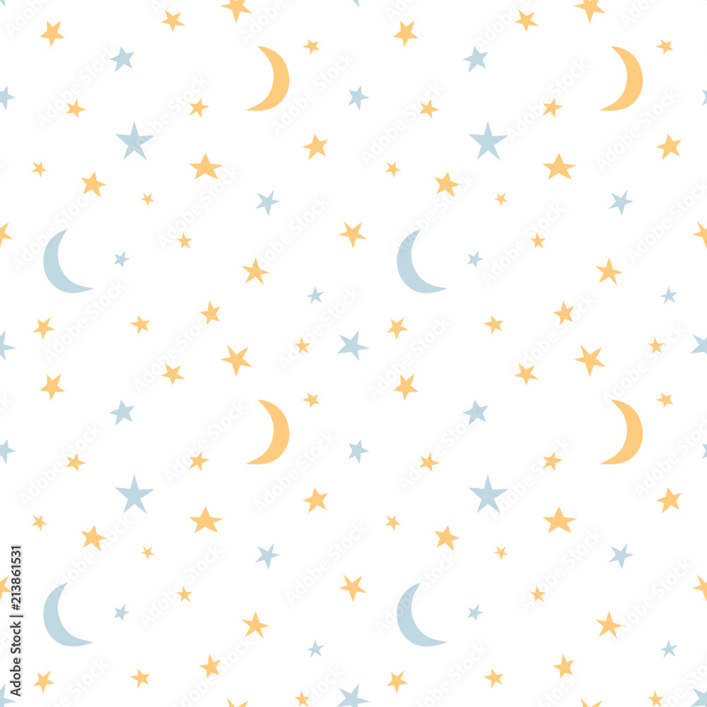 Fototapeta premium Gwiaździste niebo i księżyc ręka rysunek wektor wzór. Tekstura na tekstylia, notatnik, papier do pakowania.