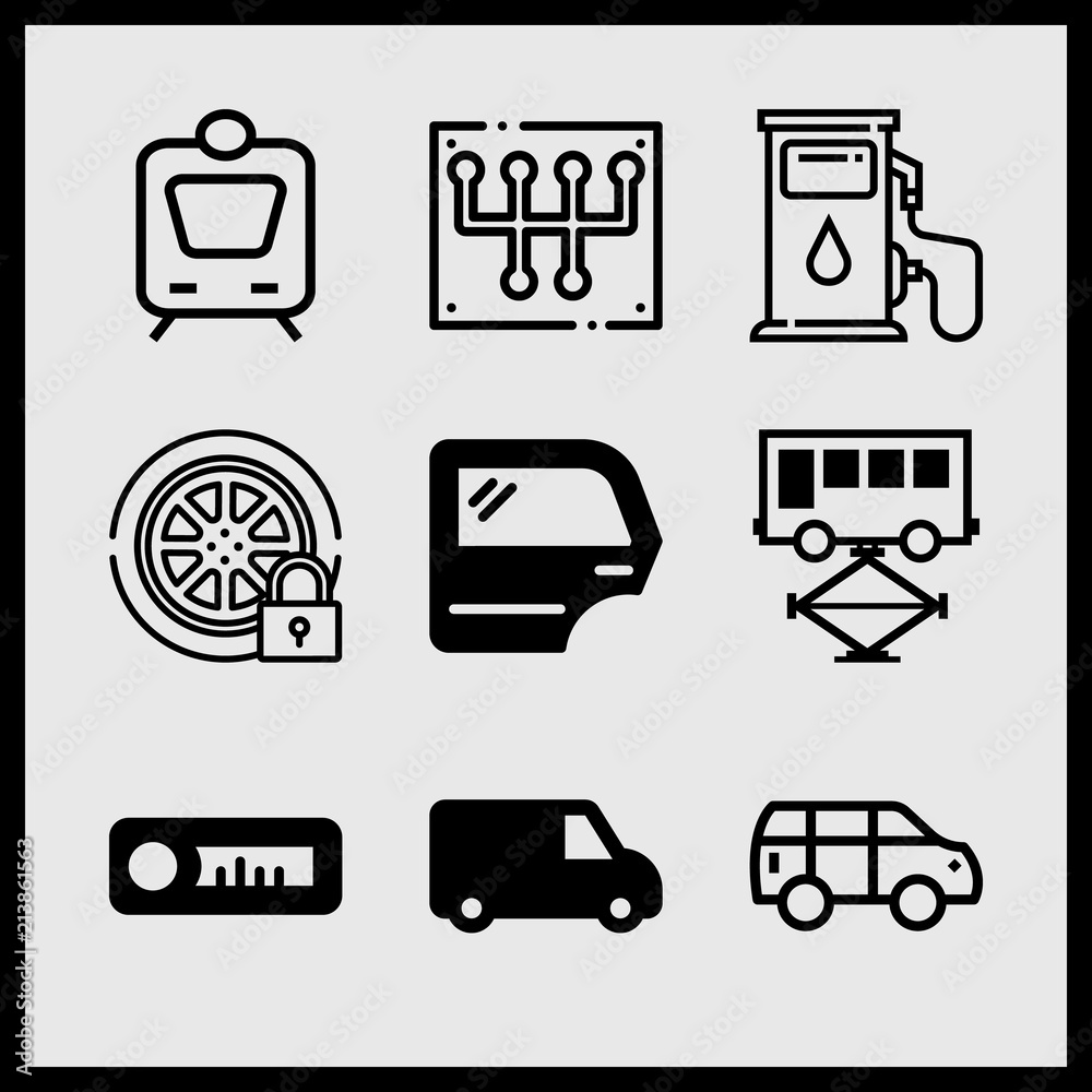 Simple 9 icon set of car related gearshift, delivery van, tyre and car door vector icons. Collection Illustration Simple 9 icon set of car related gearshift, delivery van, tyre and car door vector icons. Collection Illustration