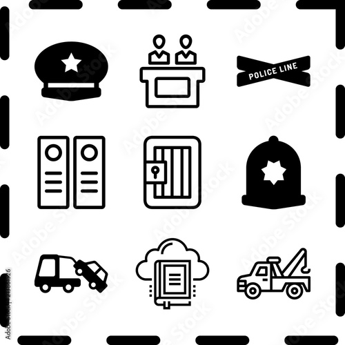 Simple 9 icon set of law related jury, police line, library and jail vector icons. Collection Illustration