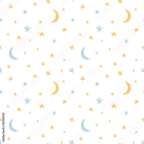 Starry sky and moon hand drawing vector seamless pattern. Texture for textile, scrapbook, wrapping paper.