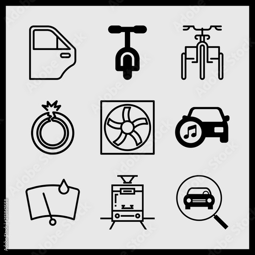 Simple 9 icon set of car related car front in magnifier glass, tram, tricycle and flat tire vector icons. Collection Illustration