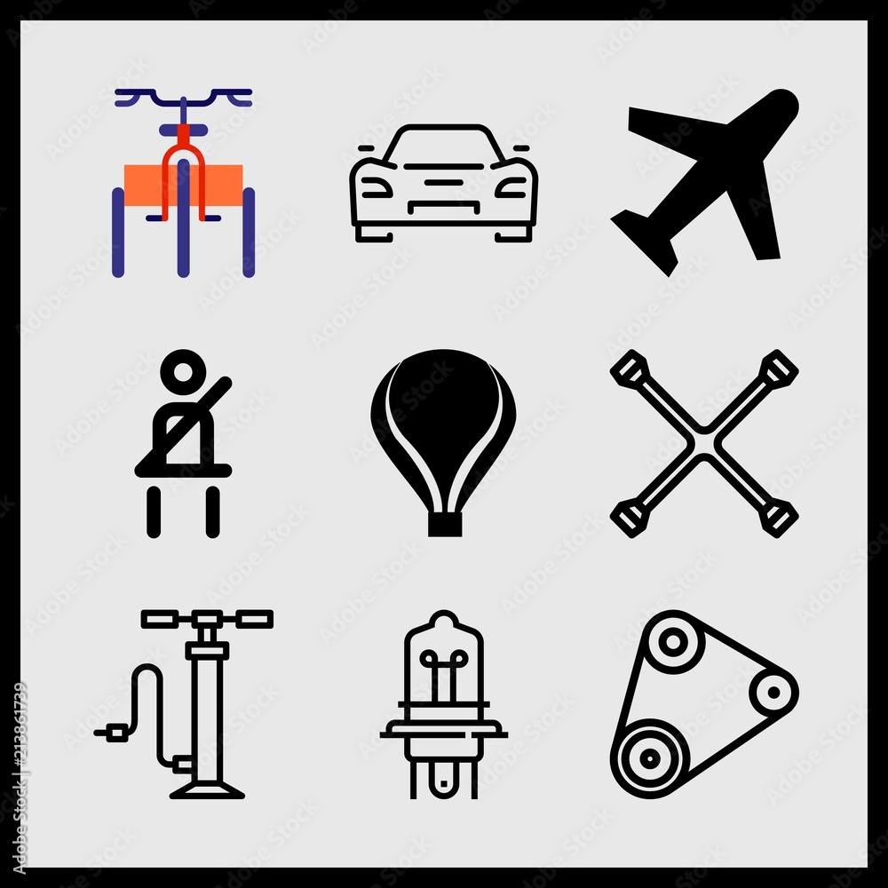 Simple 9 icon set of car related hot air balloon, seatbelt, sport car and air pump vector icons. Collection Illustration Simple 9 icon set of car related hot air balloon, seatbelt, sport car and air pump vector icons. Collection Illustration