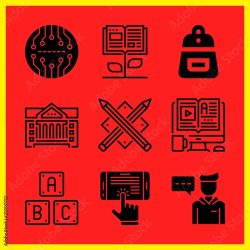 Simple 9 icon set of edication related pencils, open book, student and backpack vector icons. Collection Illustration