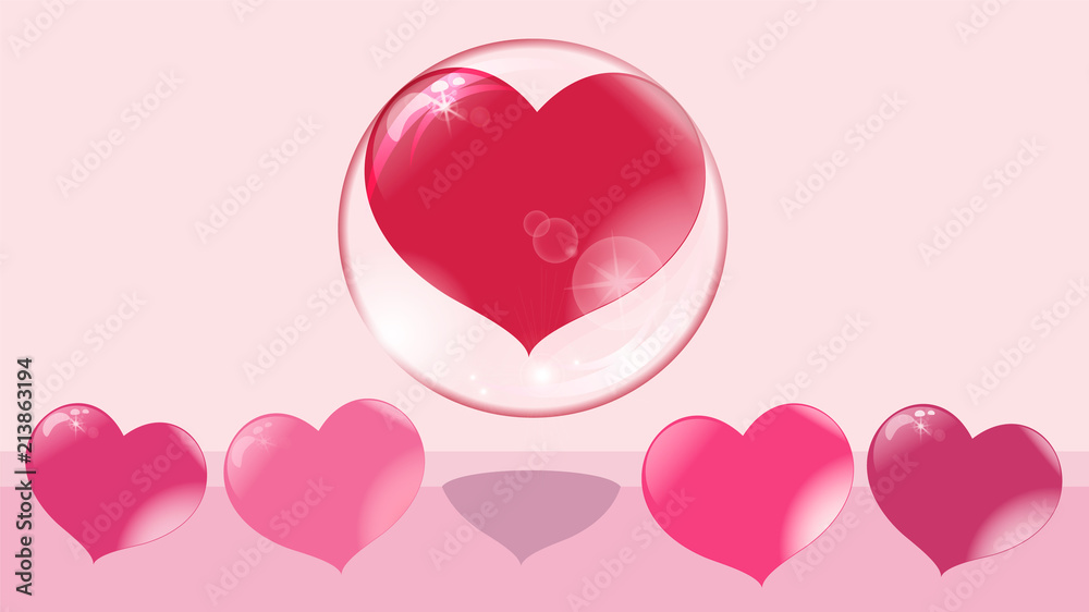 a loving heart flies up in a bubble, other hearts remain on the ground, a soap bubble