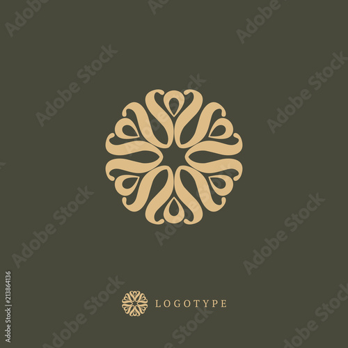 Vector floral luxury curve logo design. Round gold ornate frame. Vintage premium design vector element.