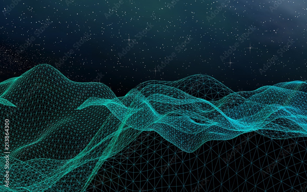 Fototapeta premium Abstract landscape on a dark background. Star horizon. Cyberspace grid. Hi-tech network. Outer space. Starry outer space texture. 3D illustration