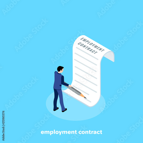 a man in a business suit signs a employment contract, an isometric image
