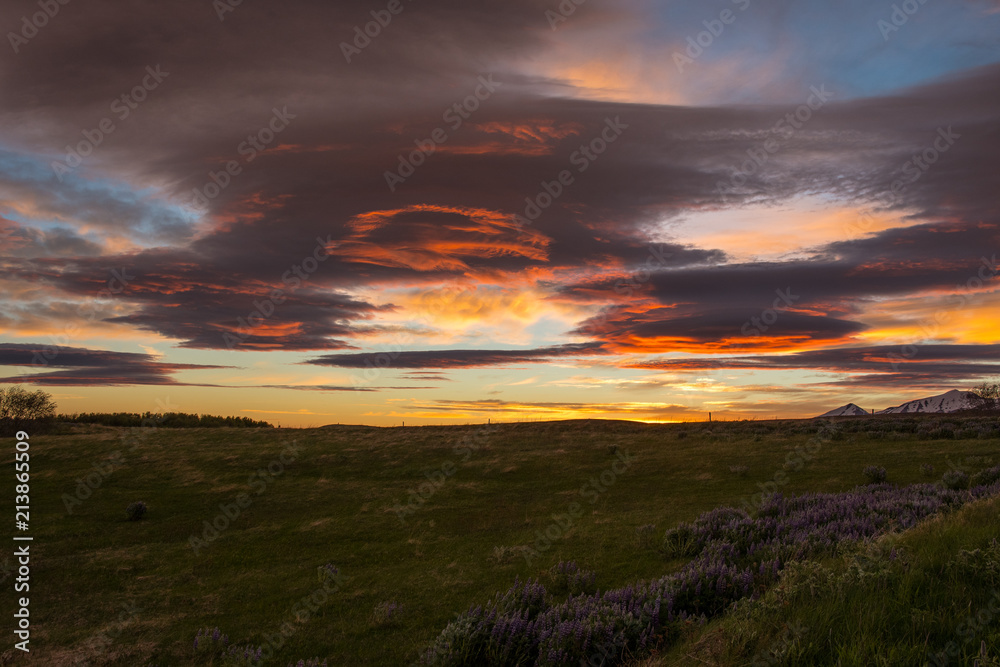 Sunset seen from island of Hrisey in Iceland