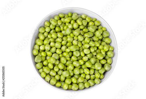 Fresh green peas in a white bowl on a white background. isolated. Top view
