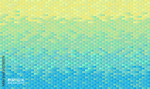 Horizontal background grid of rectangle bricks with gradient from yellow to light blue color. Pixel effect. Trendy design template. Vector illustration