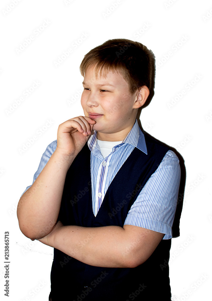 Thoughtful boy, a teenager in strict clothing looks away. Portrait on a white background Thoughtful boy, a teenager in strict clothing looks away. Portrait on a white background