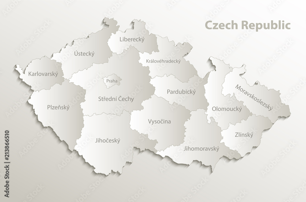 Czech Republic map separate region individual names card paper 3D natural vector