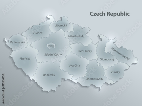 Czech Republic map separate region individual names glass card 3D vector